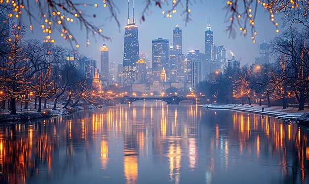 a city skyline with the river in the foreground