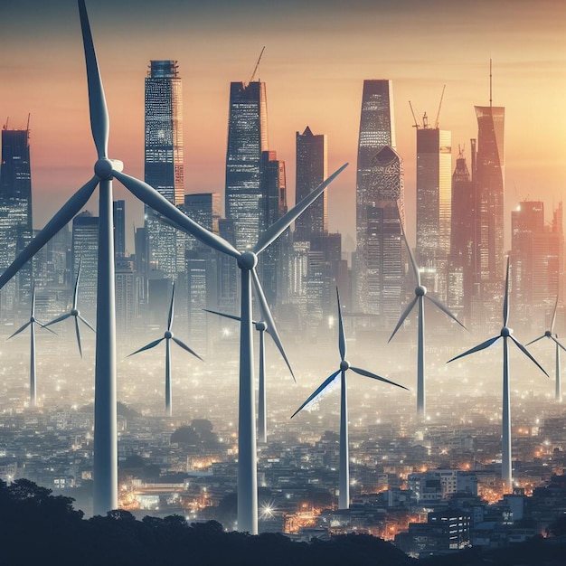 a city skyline with several wind turbines in the foreground