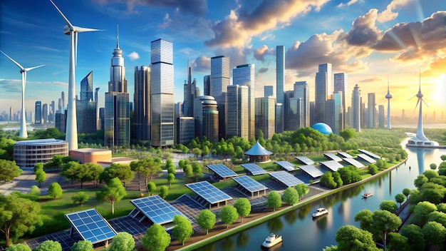 a city skyline with solar panels on the top and a city in the background