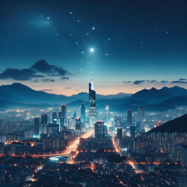 a city skyline with a star shaped sky and a city in the background