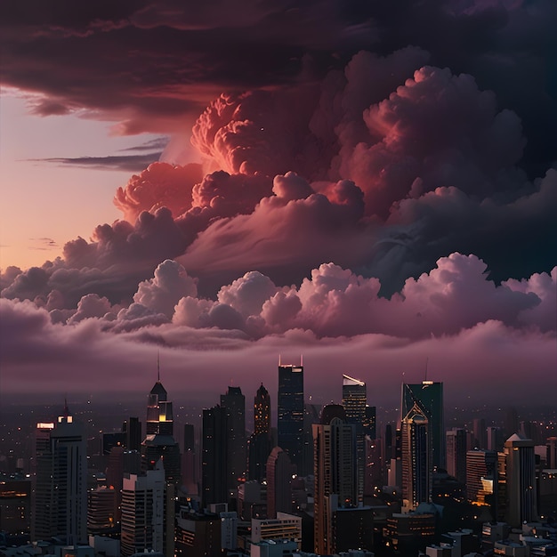 a city skyline with a storm cloud in the sky