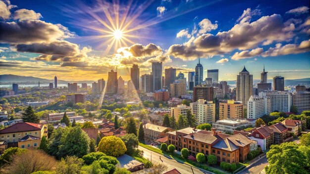 a city skyline with a sun setting in the background