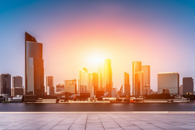 a city skyline with the sun setting behind it