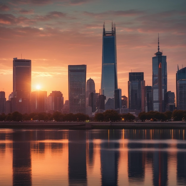 a city skyline with the sun setting behind it