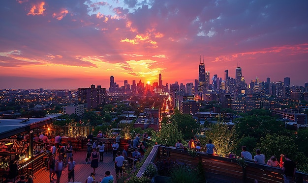 a city skyline with a sunset in the background