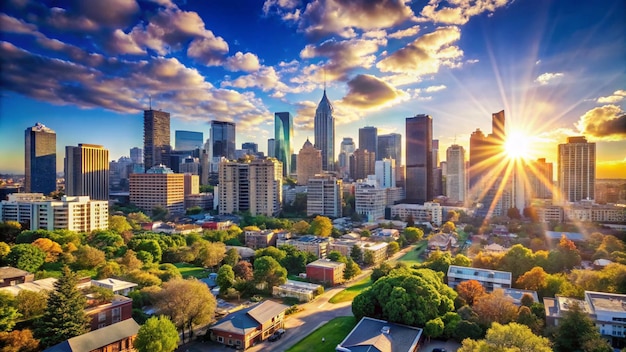 a city skyline with a sunset in the background