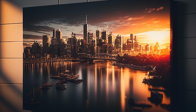 a city skyline with a sunset and a bridge over the water