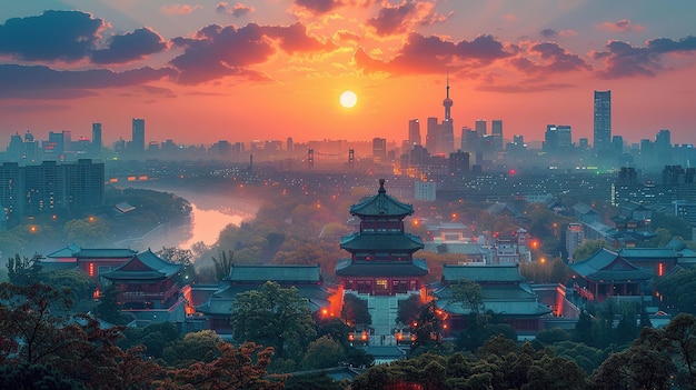 a city skyline with a sunset and a city in the background