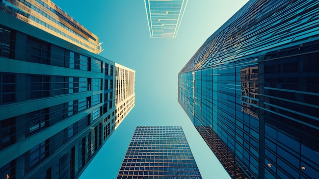 a city skyline with tall buildings and one with a blue sky background