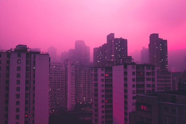 Photo a city skyline with tall buildings and a pink sky