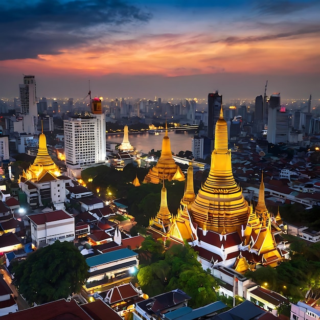 Photo a city skyline with a temple and a city in the background