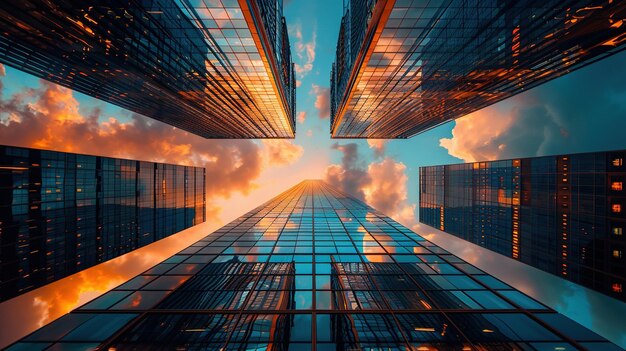 Photo a city skyline with three tall buildings and a cloudy sky