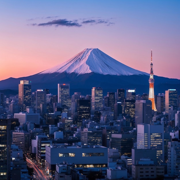 Photo a city skyline with a tower in the background and a city in the background