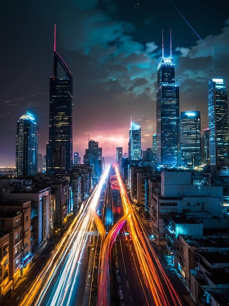 a city skyline with a traffic jam and a cityscape in the background