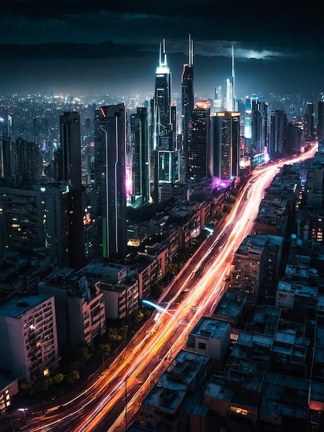 a city skyline with a traffic jam and a cityscape in the background