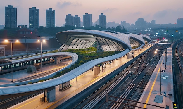 a city skyline with a train and a bridge with a city in the background