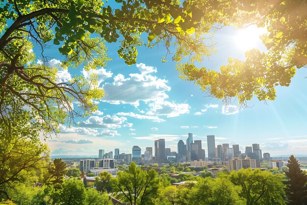 Photo a city skyline with trees and blue sky