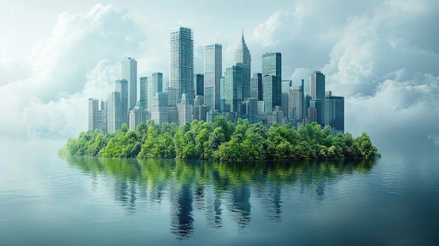 a city skyline with trees and a river in the foreground