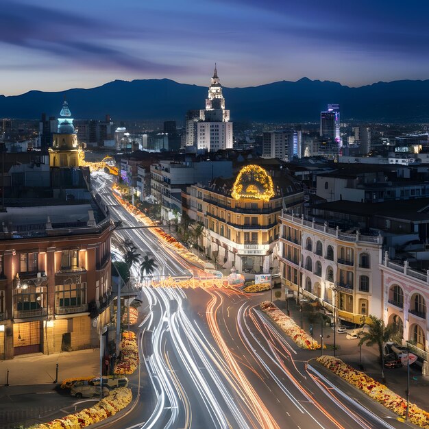 a city skyline with a view of the city at night