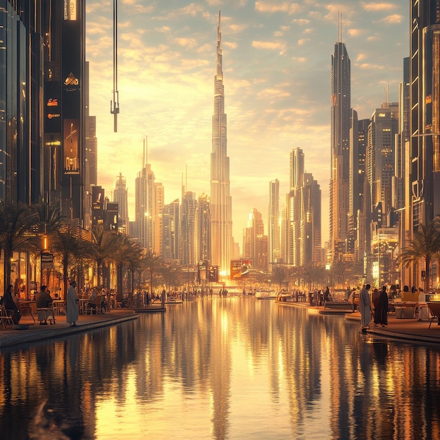 a city skyline with a water feature in the foreground