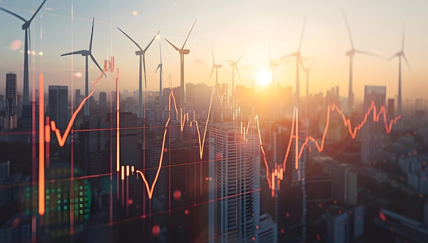 Photo a city skyline with wind turbines in the background