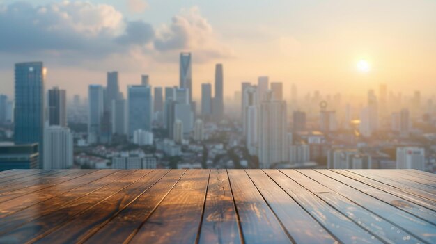 Photo a city skyline with a wooden board in the foreground