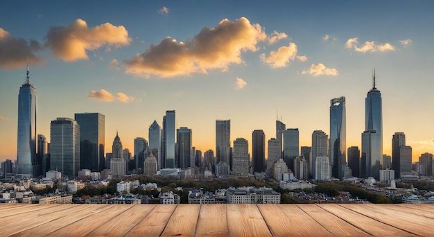 Photo a city skyline with a wooden deck and a sign that says the city of chicago