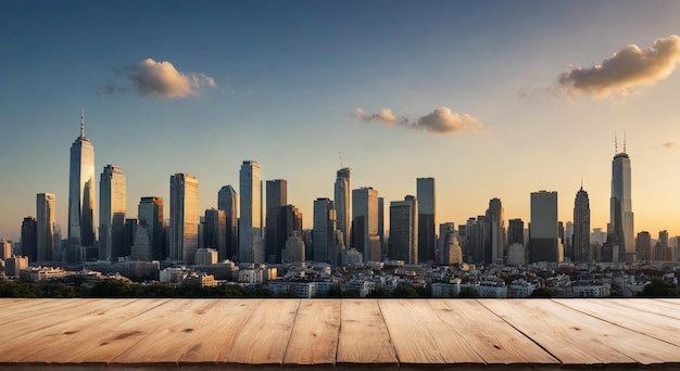 Photo a city skyline with a wooden plank that says quot the city of chicago quot