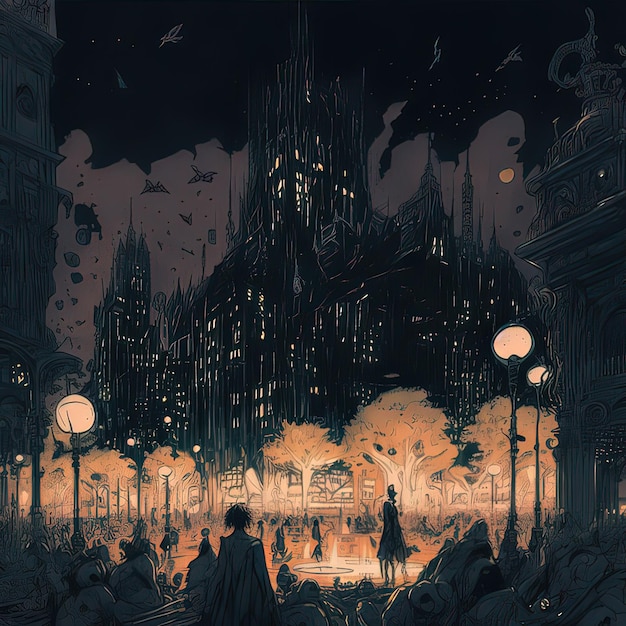 City square in the evening Digital art style illustration painting