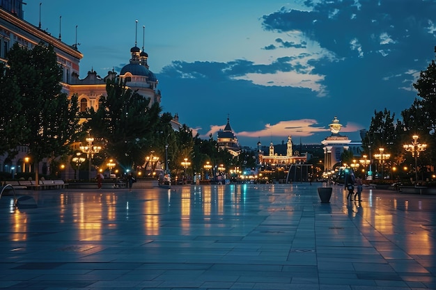 City square at night viewing the city