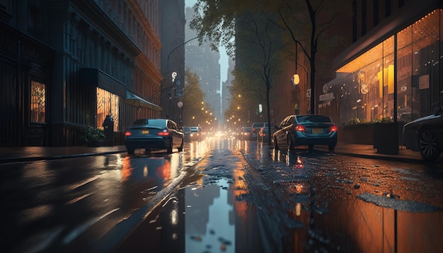 City street after the rain. Generative AI.