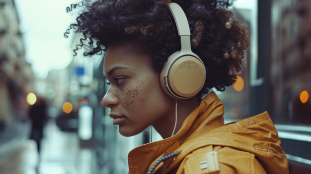 City street beauty young woman in headphones enjoying urban travel experience