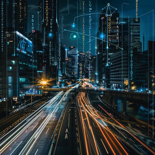 A city street bustling with numerous vehicles and bright lights during the night An innovative control hub integrating AI and IoT technologies to streamline urban operations