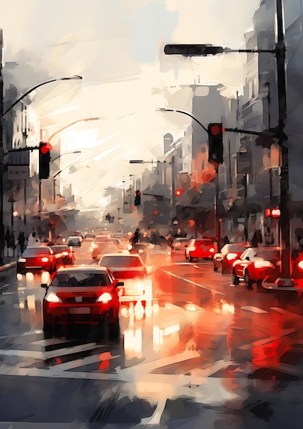 city street cars traffic lights sunset rain top rated black red color palette car sketch tall misty