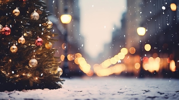 City street Christmas winter blurred background Xmas tree with snow decorated with garland lights