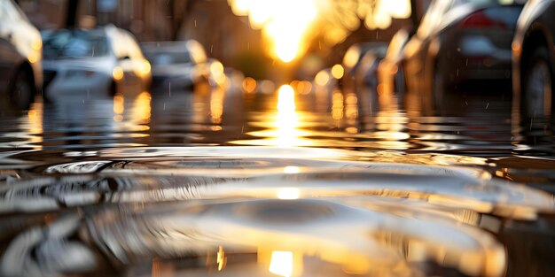 City street flooded with parked cars reflecting sunset creating beautiful water ripples Concept Sunset Reflections Cityscape Photography Urban Flood Car Park Reflections Water Ripples