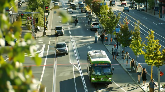 The city street is bustling with activity There are cars buses and people crossing the road The buildings are tall and the trees are green