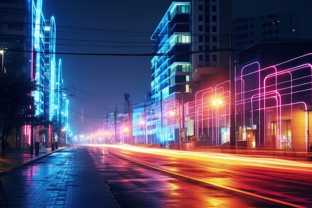 A city street is lit up with neon lights