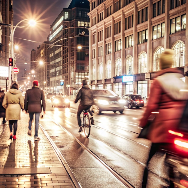 Photo city street in motion commuters on the move at night