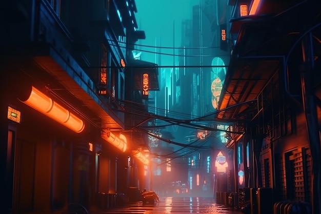 City street at night Ai Fantasy city with neon lights