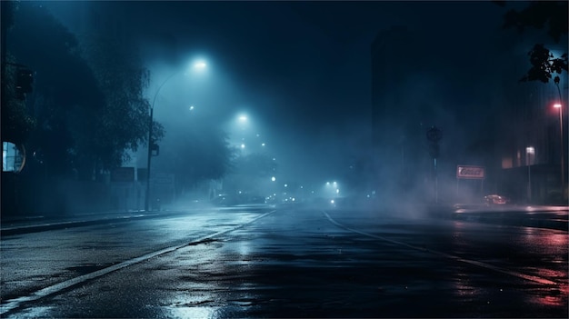 A city street at night with a blue light on it