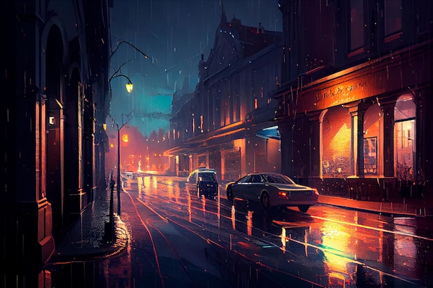 A city street at night with cars parked on the side of the road and a rain soaked street with lights on the street and buildings Generative AI