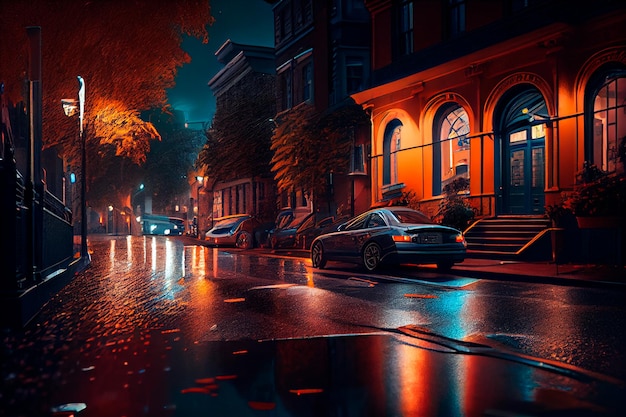 A city street at night with cars parked on the side of the road and a rain soaked street with lights on the street and buildings Generative AI