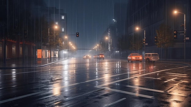 city street at night with glowing reflections on wet pavement under bright streetlights