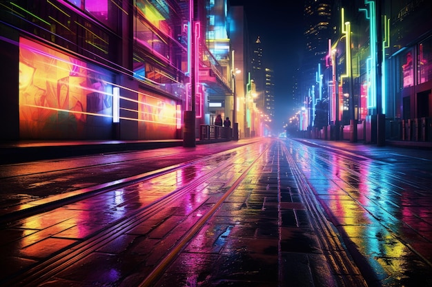 A city street at night with neon lights