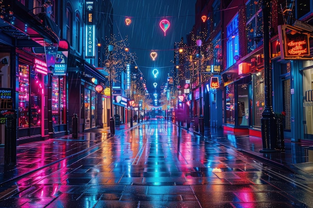 A city street at night with neon lights