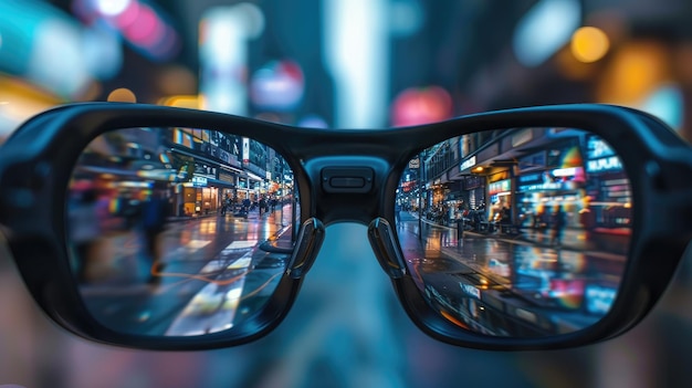 Photo city street reflected in pair of eyeglasses with blurred background