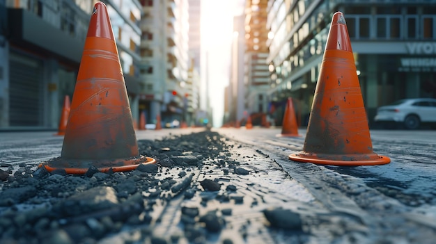 Photo city street repair with orange traffic cones road construction maintenance and infra generative ai