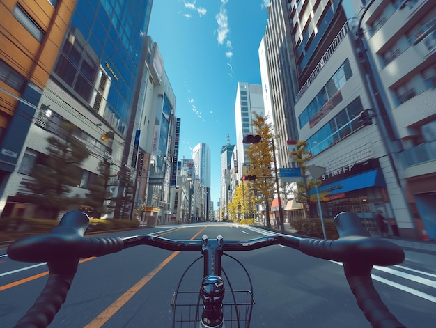 City street scene from bicycle perspective Tall skyscrapers with reflective windows dominate urban