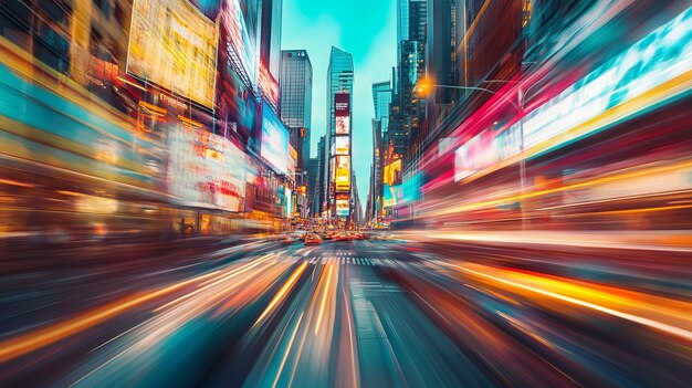 City Street with Blurred Lights and Skyscrapers